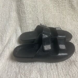 Italian shoemakers Black Two-Strap Slide Sandals with Rhinestone Accents SZ9